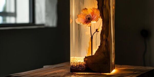 lampe de chevet fleur bois et r&eacute;sine